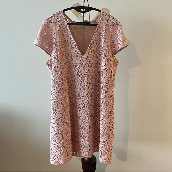VGUC Zara Lace look Pink Vee Neck Dress Size Large - Picture 2 of 9